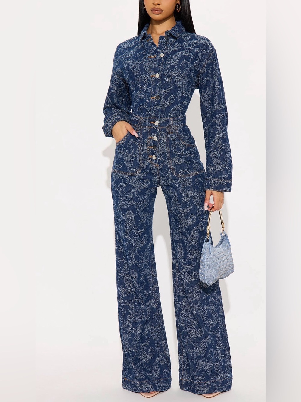 Fashion Nova Blue Paisley Denim Utility Jumpsuit